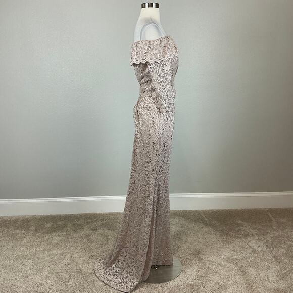 Vince Camuto Sequin Lace Off the Shoulder Evening Gown Gold Size 6 Formal Dress - Picture 3 of 13